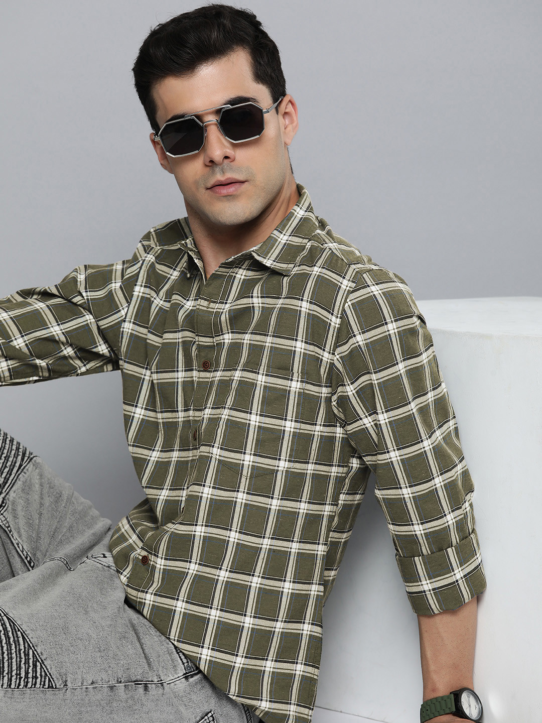 

R.Code by The Roadster Life Co. Men Classic Tartan Checks Casual Shirt, Olive