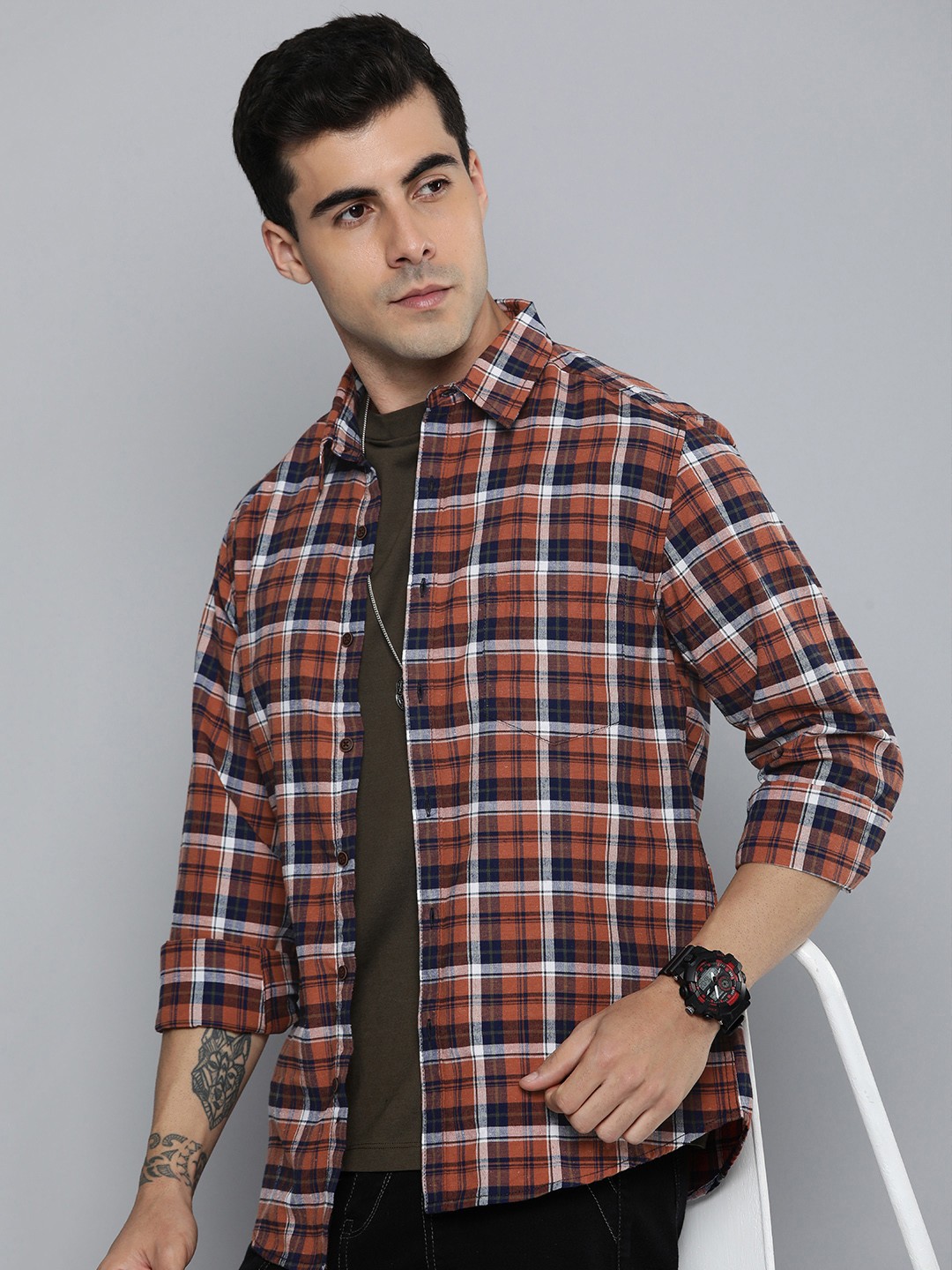 

R.Code by The Roadster Life Co. Men Classic Tartan Checked Casual Shirt, Orange