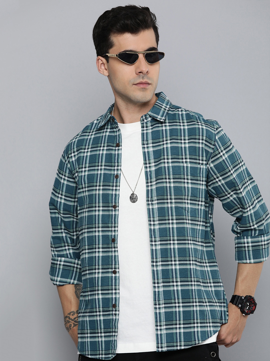 

R.Code by The Roadster Life Co. Men Classic Tartan Checked Casual Shirt, Green