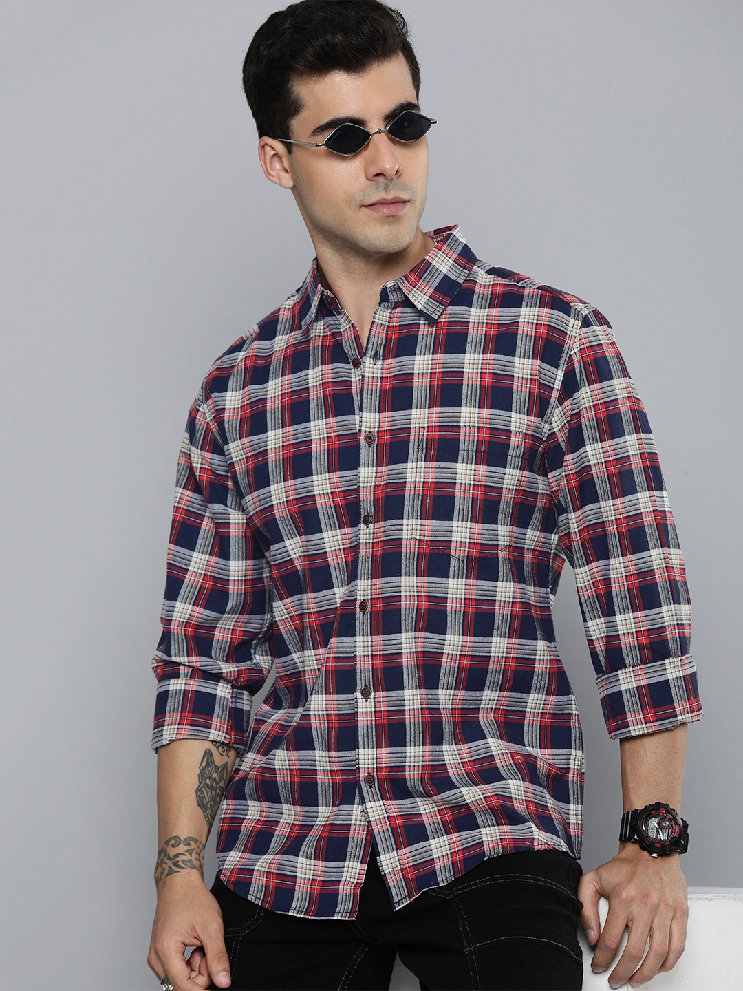 

R.Code by The Roadster Life Co. Men Classic Tartan Checked Casual Shirt, Navy blue