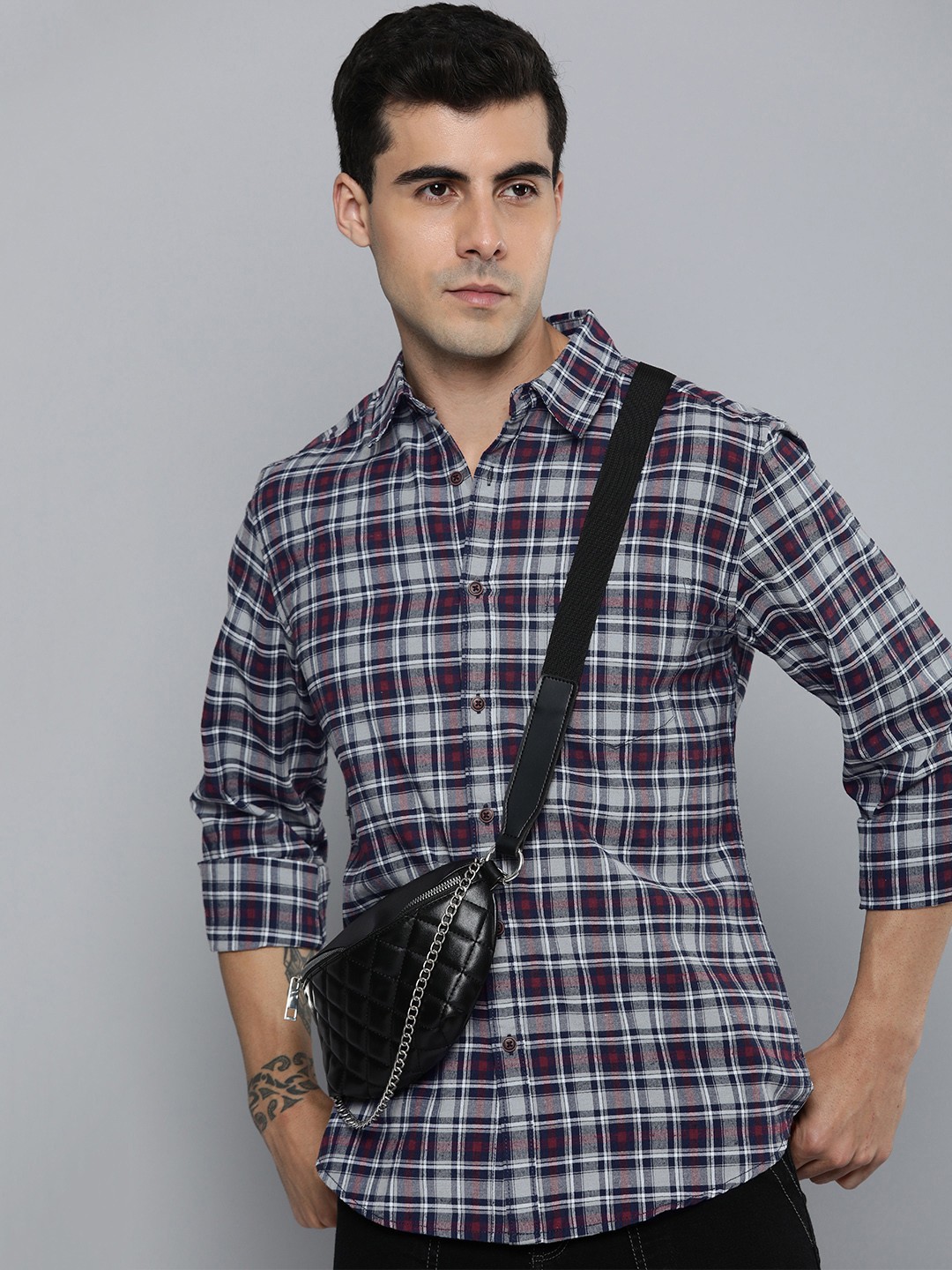 

R.Code by The Roadster Life Co. Men Classic Tartan Checked Casual Shirt, Grey