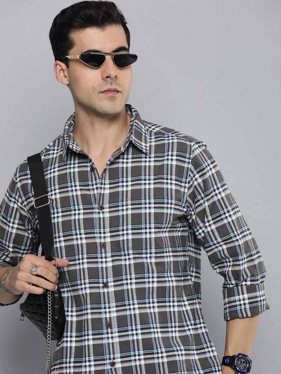 

R.Code by The Roadster Life Co. Men Classic Tartan Checks Casual Shirt, Black