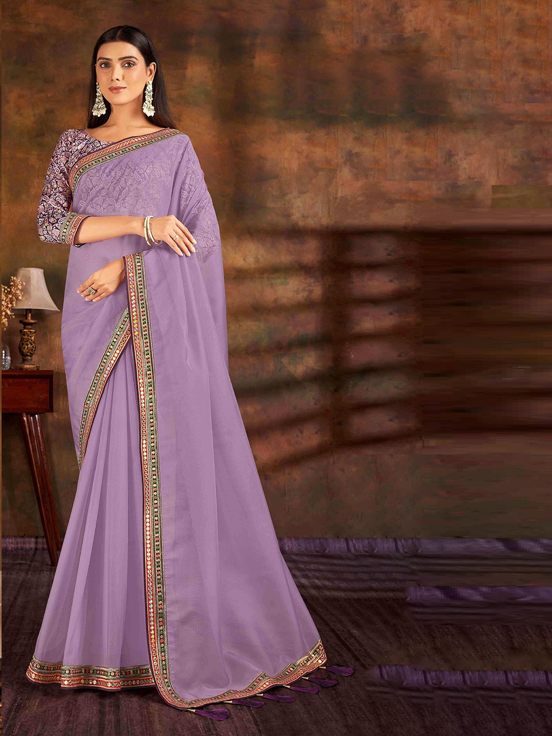 

HASRI Embroidered Organza Saree, Purple