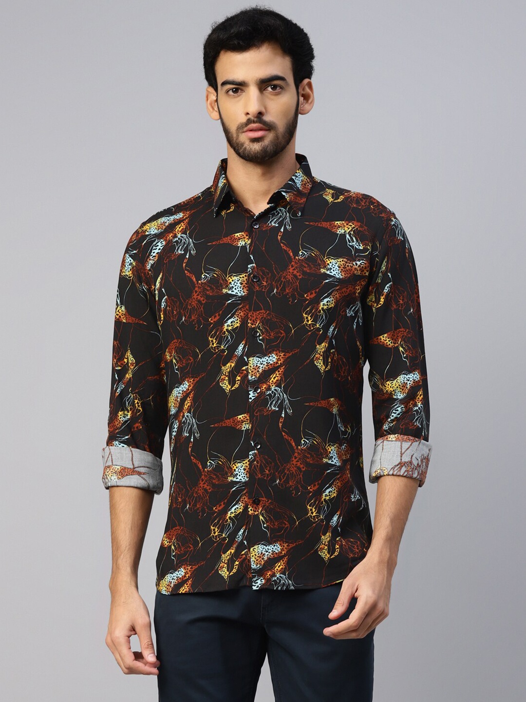 

DON VINO Comfort Slim Fit Abstract Printed Cotton Casual Shirt, Black