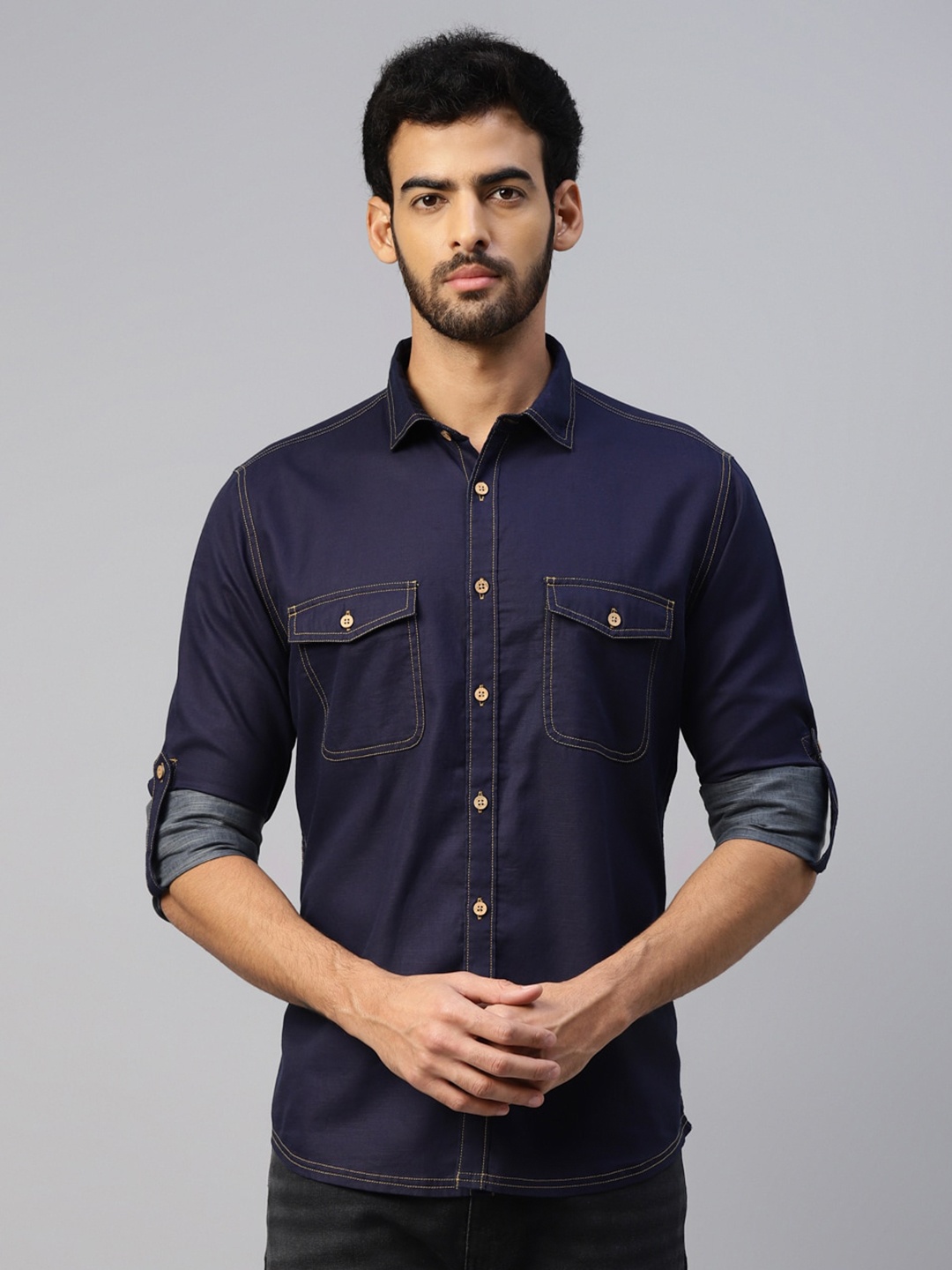 

DON VINO Comfort Slim Fit Spread Collar Roll-Up Sleeves Cotton Casual Shirt, Navy blue