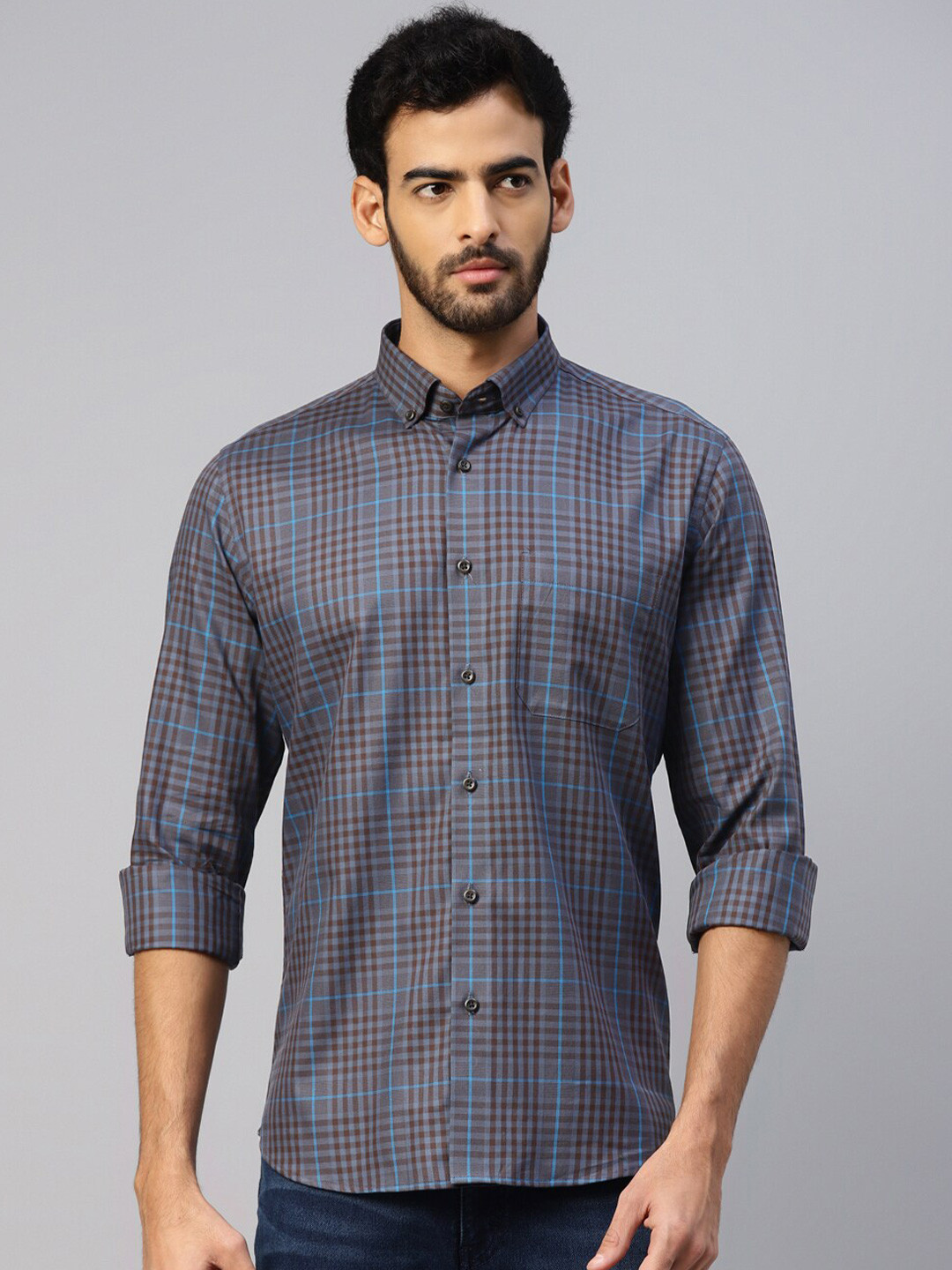 

DON VINO Comfort Slim Fit Checked Button-Down Collar Long Sleeve Cotton Casual Shirt, Grey