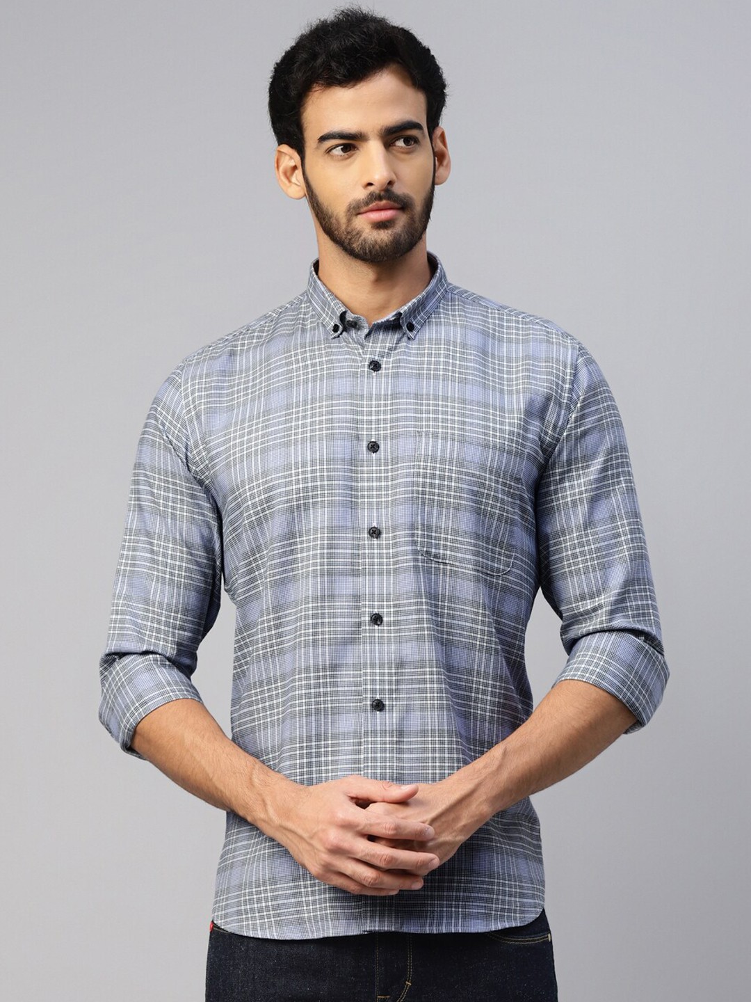 

DON VINO Comfort Slim Fit Checked Button-Down Collar Cotton Casual Shirt, Blue