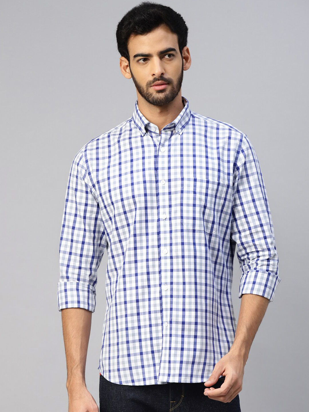 

DON VINO Comfort Slim Fit Checked Button-Down Collar Cotton Casual Shirt, Blue