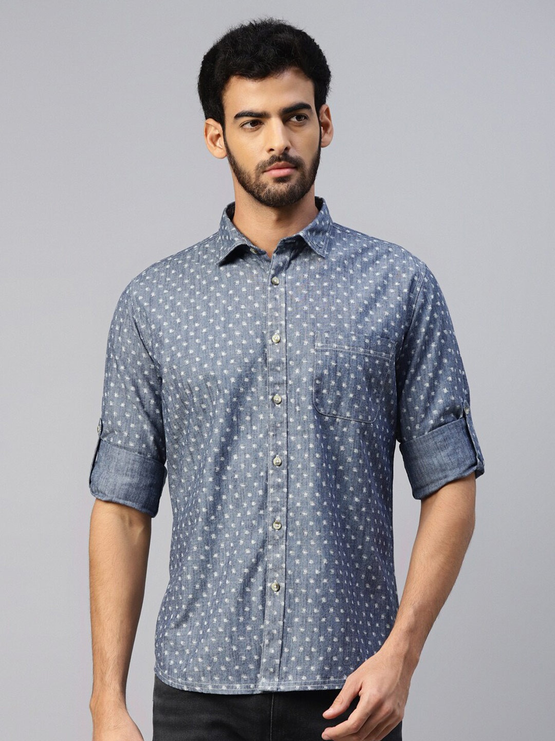 

DON VINO Comfort Slim Fit Abstract Printed Roll-Up Sleeves Cotton Casual Shirt, Blue