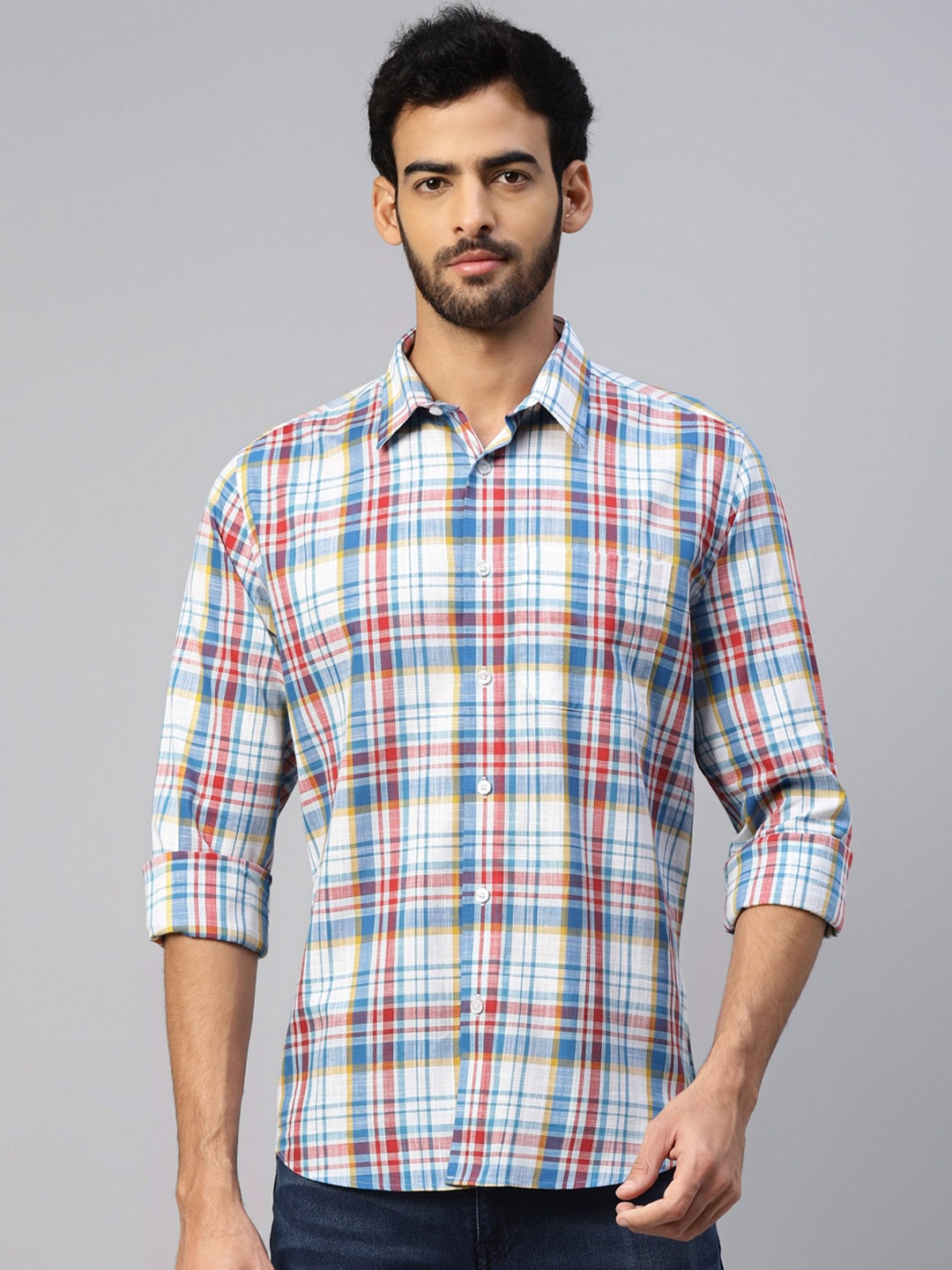 

DON VINO Comfort Slim Fit Tartan Checks Cotton Casual Shirt, Blue