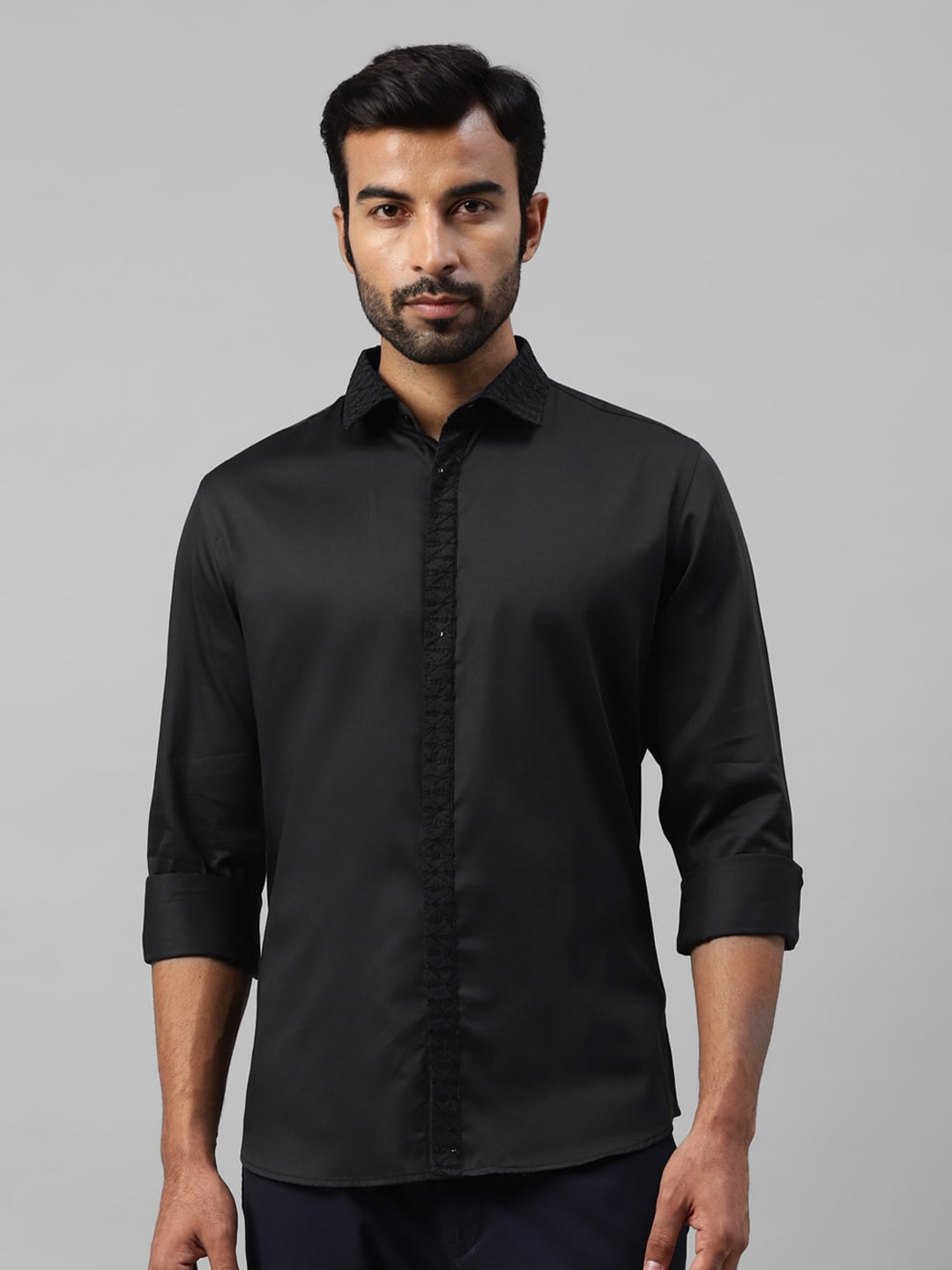 

DON VINO Comfort Embroidered Spread Collar Cotton Party Shirt, Black