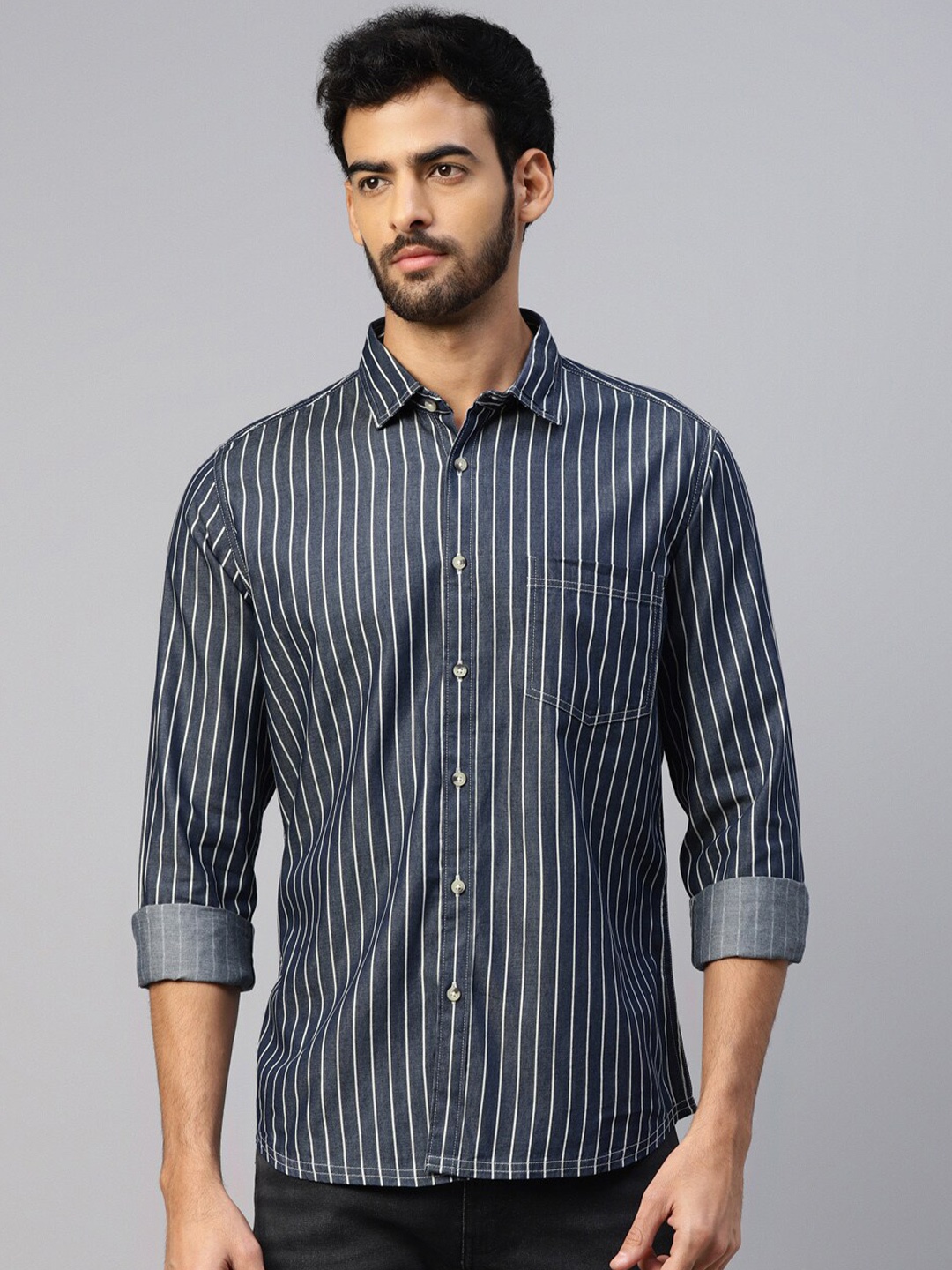 

DON VINO Comfort Slim Fit Striped Cotton Casual Shirt, Blue