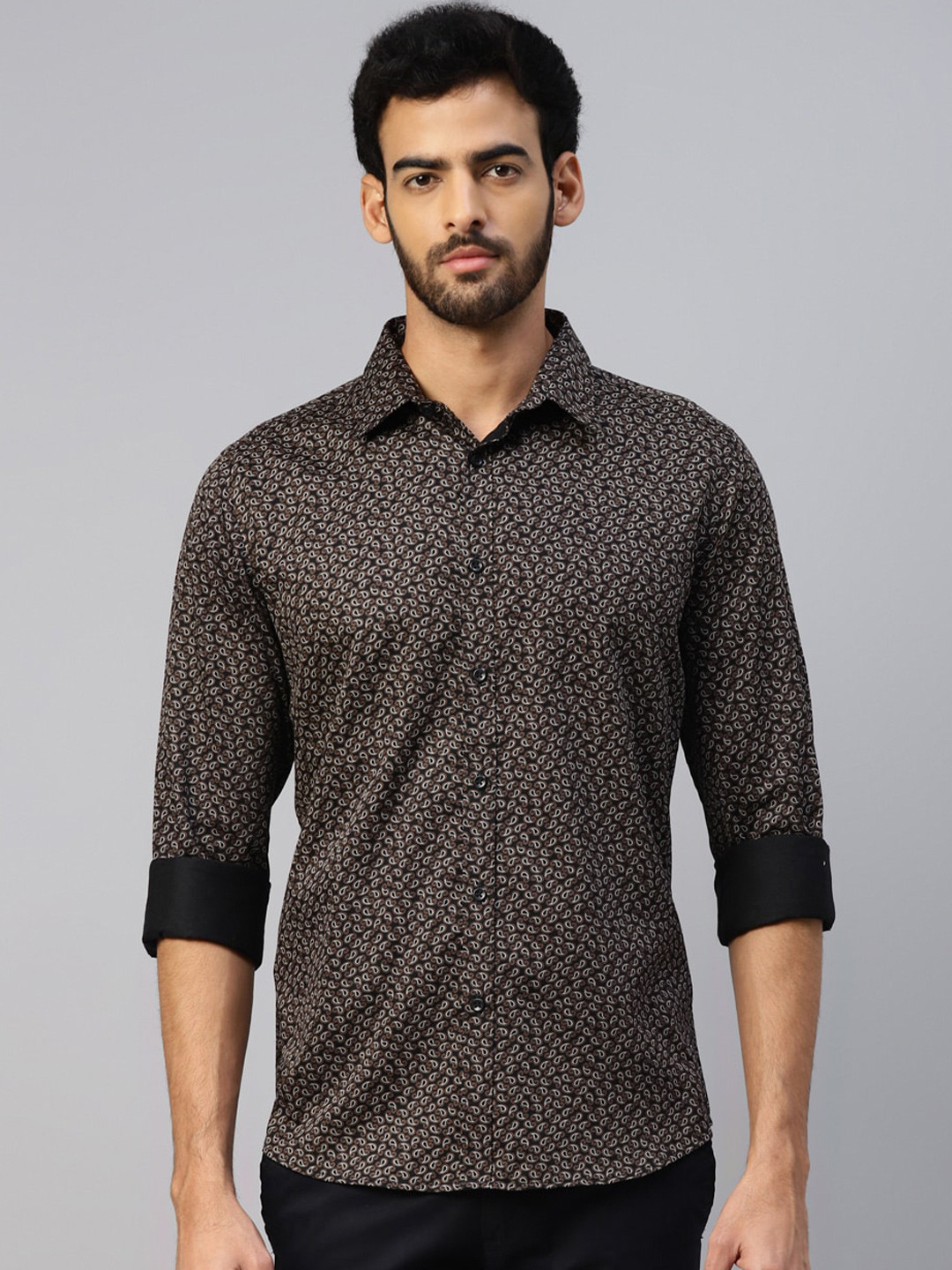 

DON VINO Comfort Slim Fit Ethnic Motifs Printed Cotton Casual Shirt, Brown