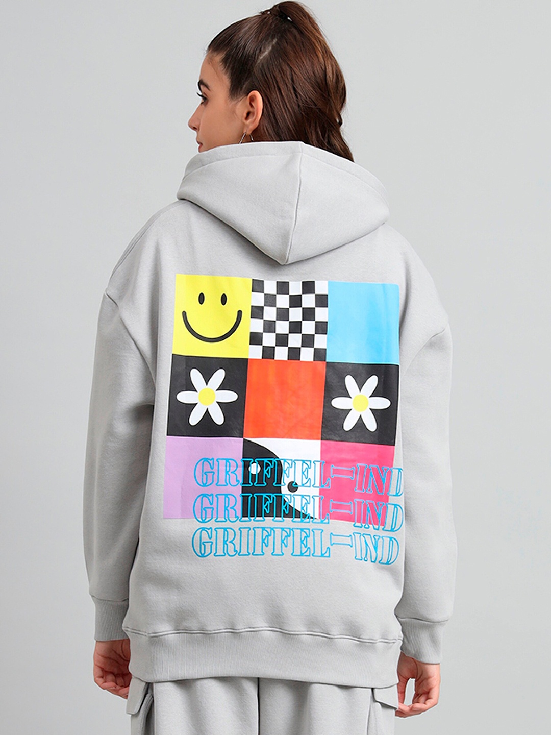 

GRIFFEL Graphic Printed Hooded Fleece Pullover Sweatshirt, Grey melange