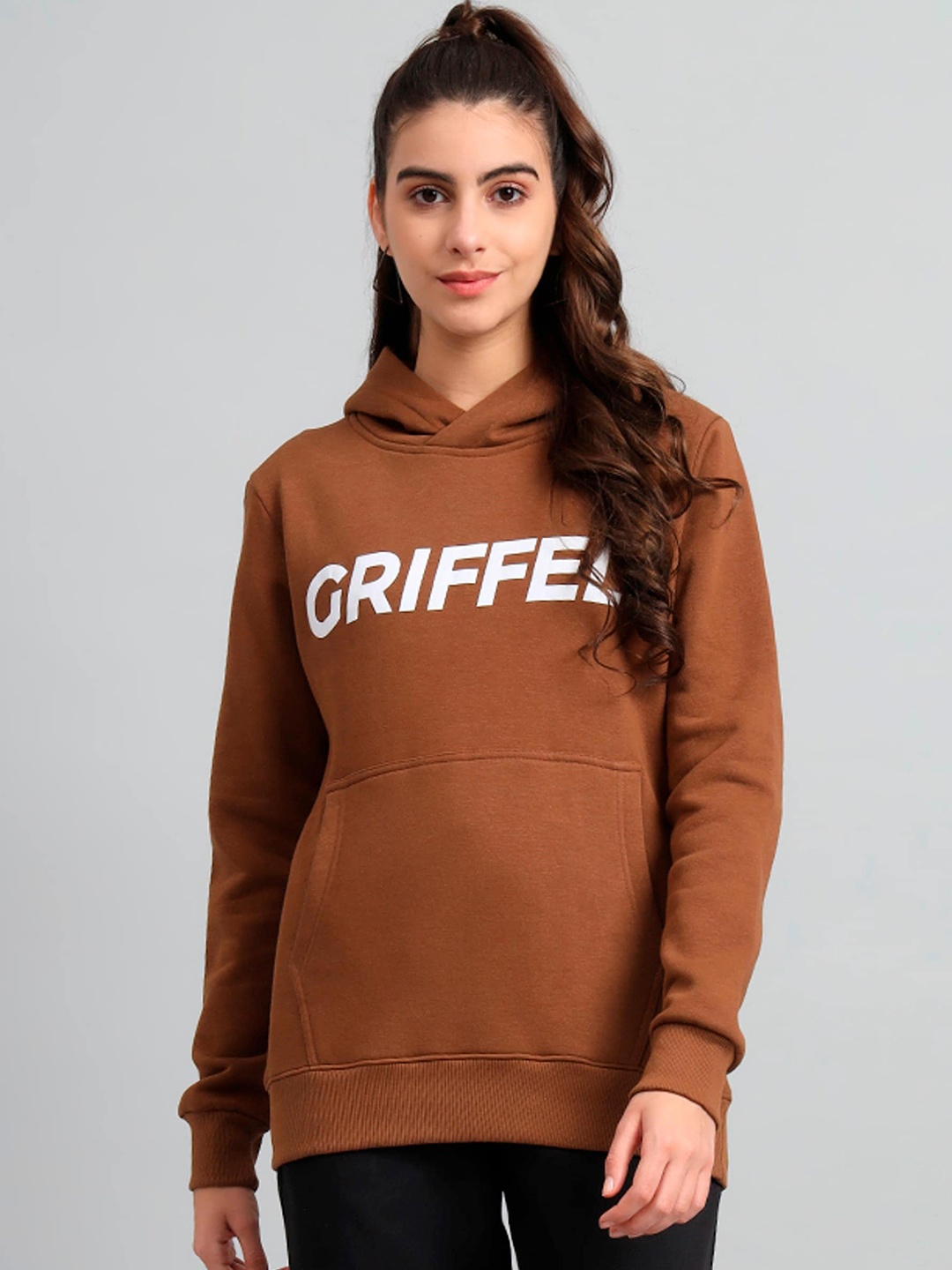 

GRIFFEL Typography Printed Hooded Fleece Pullover Sweatshirt, Brown