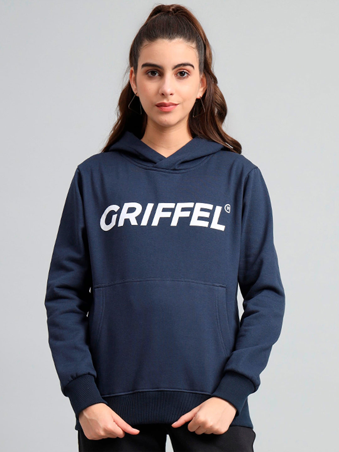

GRIFFEL Typography Printed Long Sleeves Hooded Pullover Sweatshirt, Navy blue