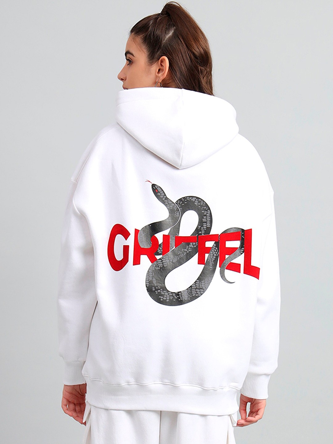 

GRIFFEL Typography Printed Hooded Fleece Pullover Sweatshirt, White