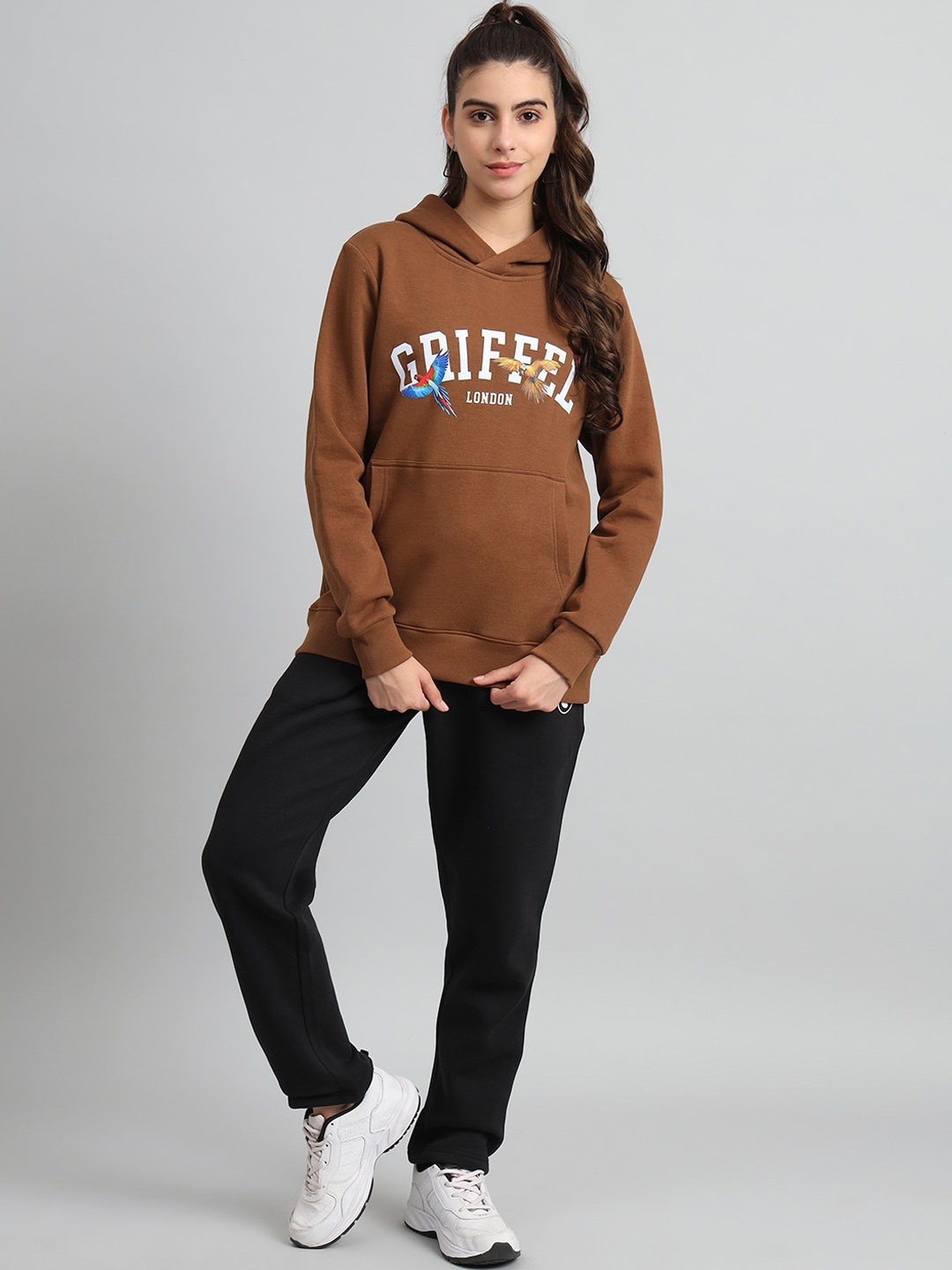 

GRIFFEL Typography Printed Hooded Fleece Cotton Tracksuit, Brown