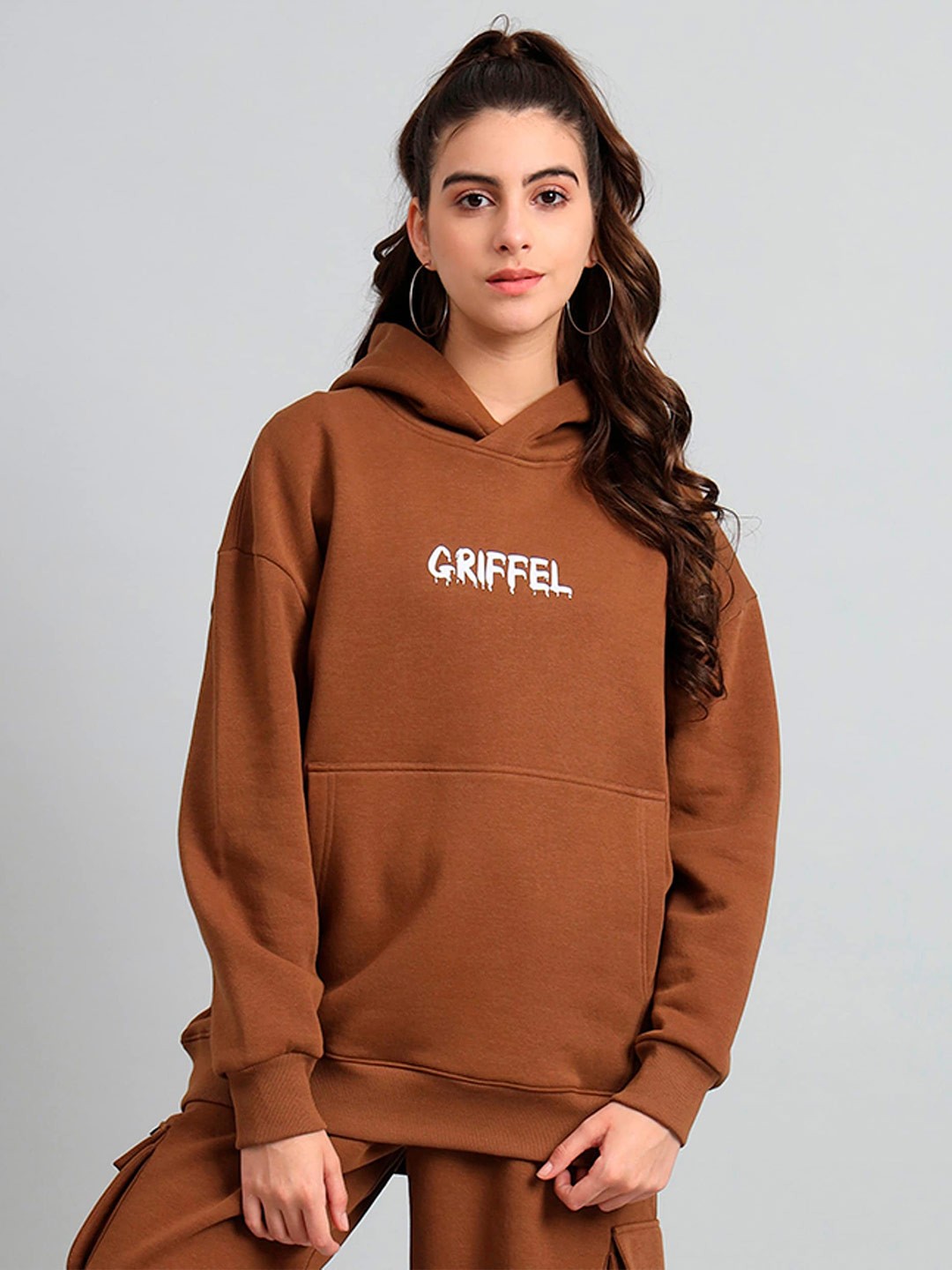 

GRIFFEL Typography Printed Hooded Fleece Pullover Sweatshirt, Brown