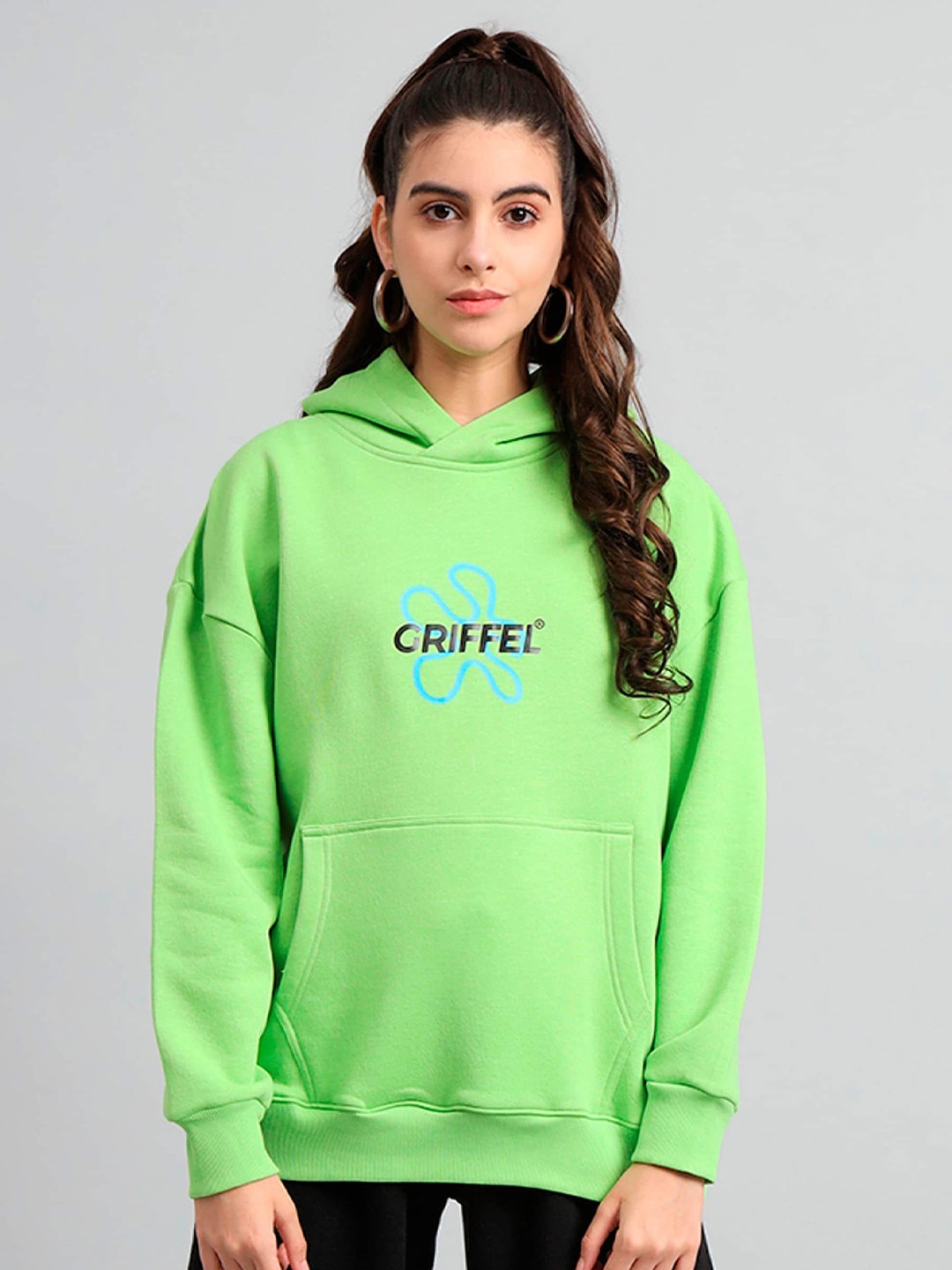 

GRIFFEL Typography Printed Hooded Fleece Pullover Sweatshirt, Green