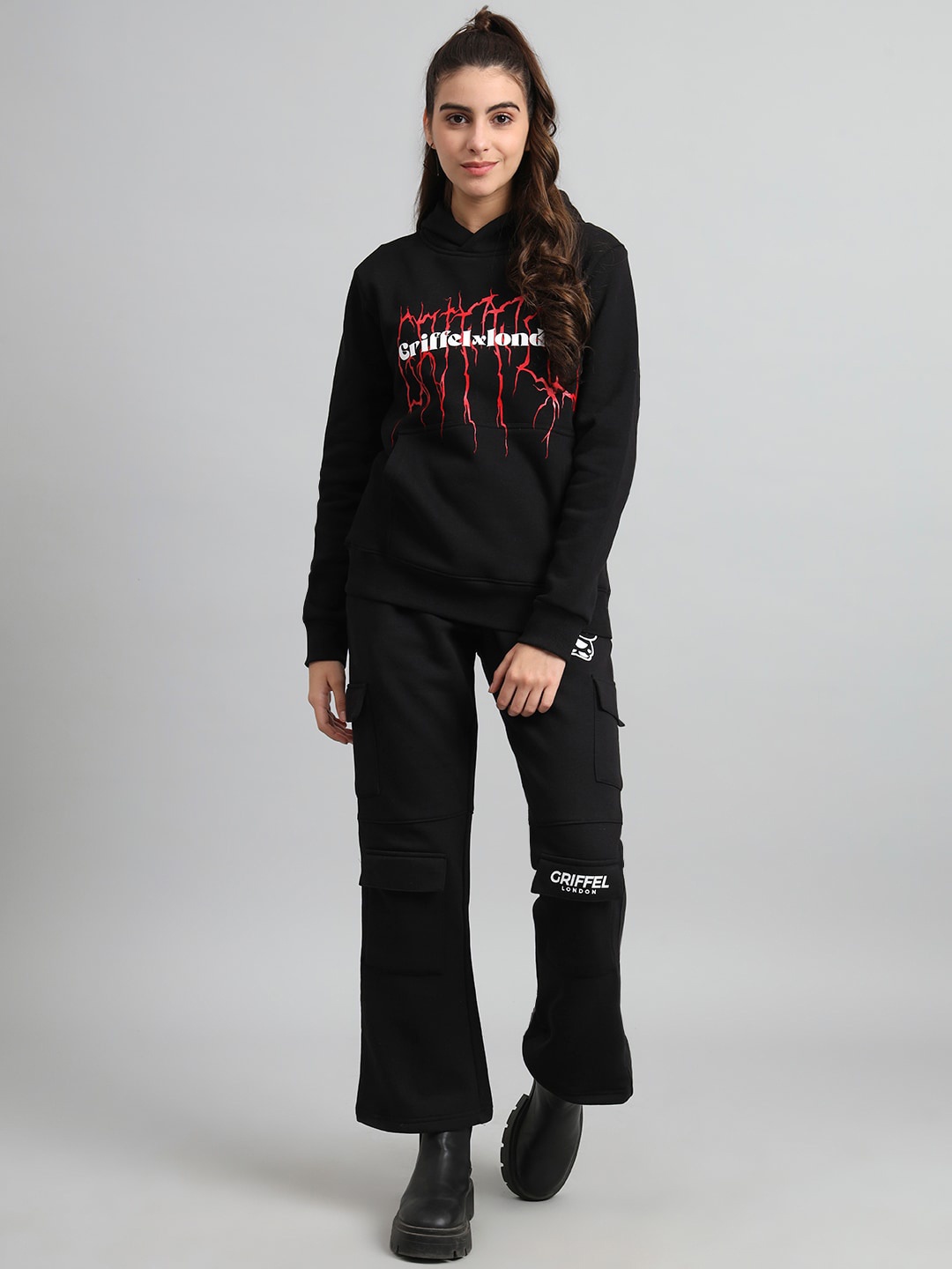 

GRIFFEL Typography Printed Hooded Cotton Fleece Tracksuit, Black