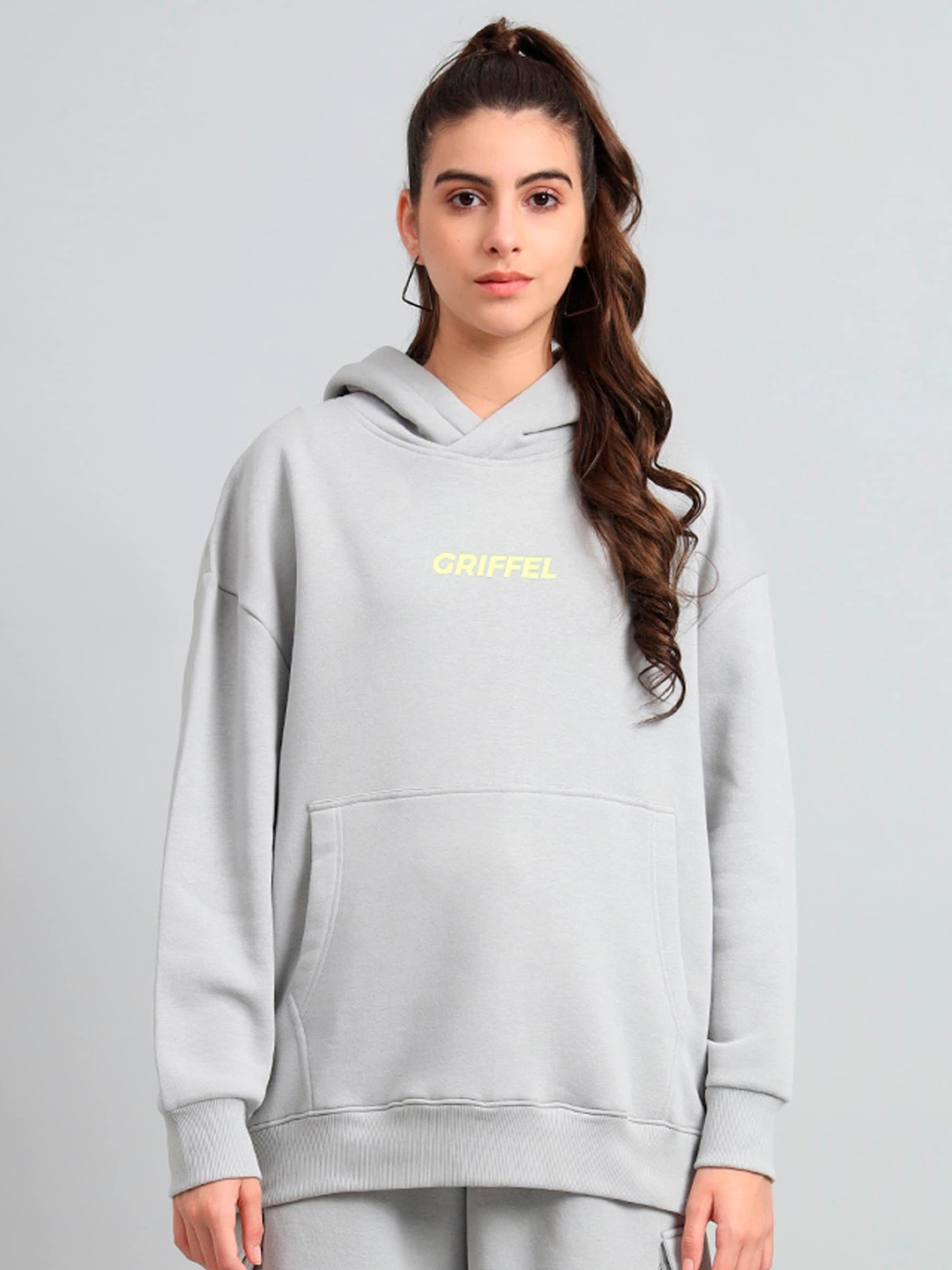 

GRIFFEL Typography Printed Hooded Fleece Sweatshirt, Grey melange