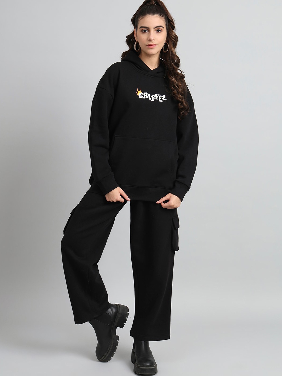 

GRIFFEL Typography Printed Hooded Fleece Cotton Tracksuit, Black