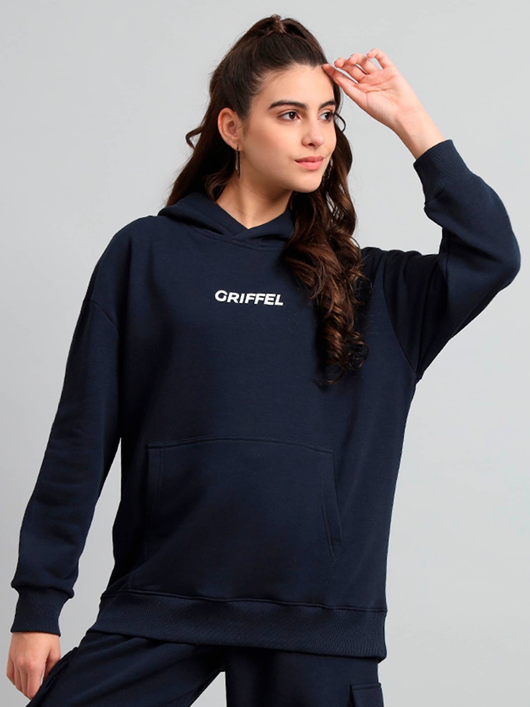 

GRIFFEL Typography Printed Hooded Fleece Oversized Pullover, Navy blue
