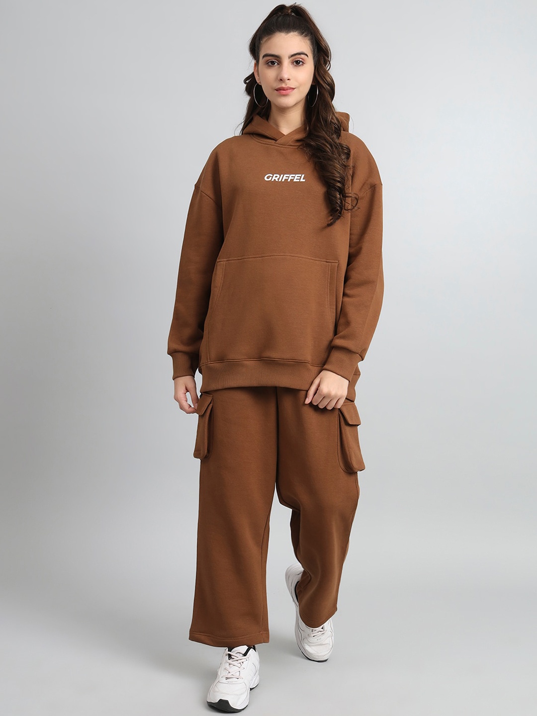 

GRIFFEL Typography Printed Hooded Cotton Fleece Tracksuit, Brown