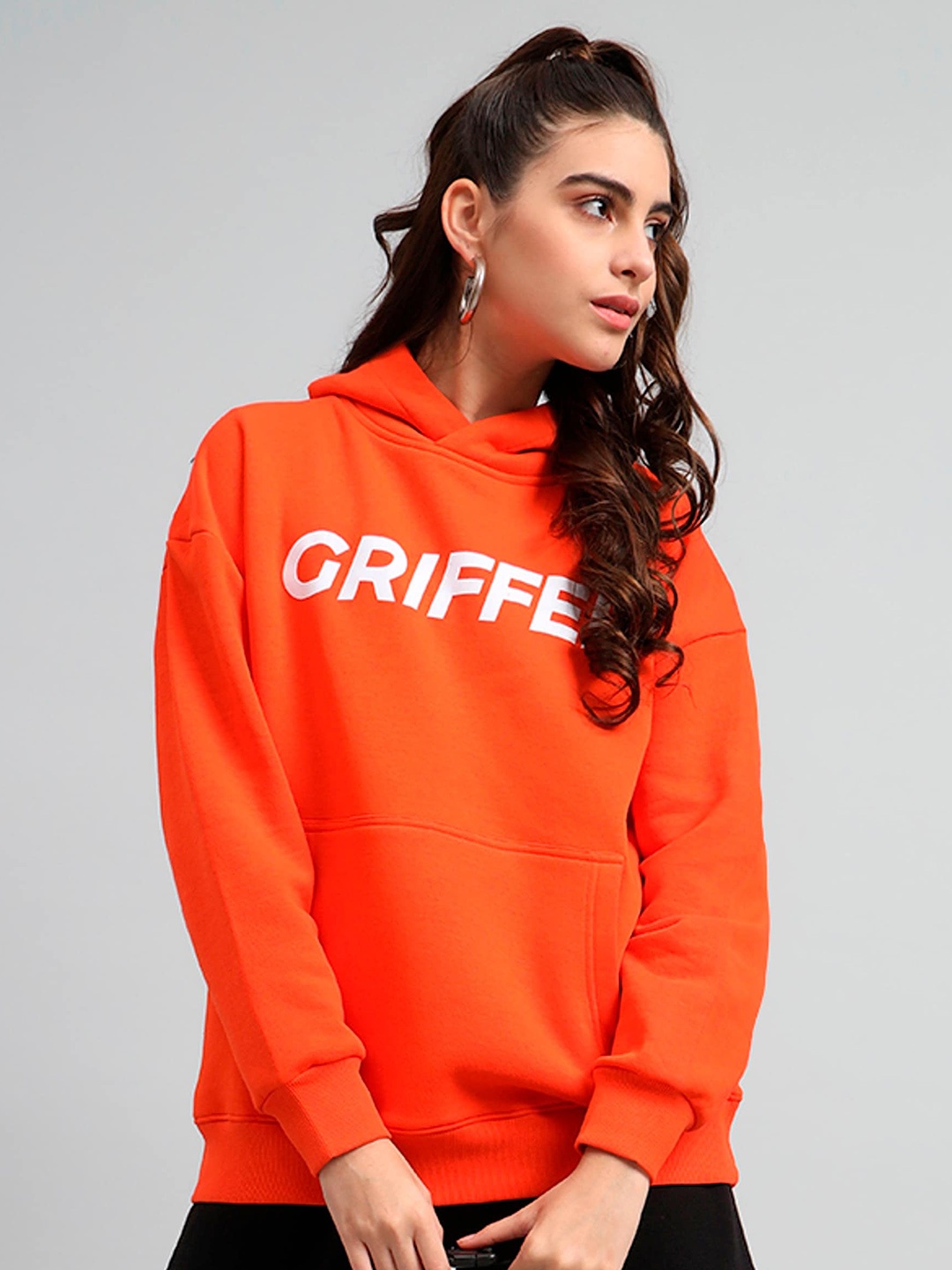 

GRIFFEL Typography Printed Hooded Pullover Sweatshirt, Orange