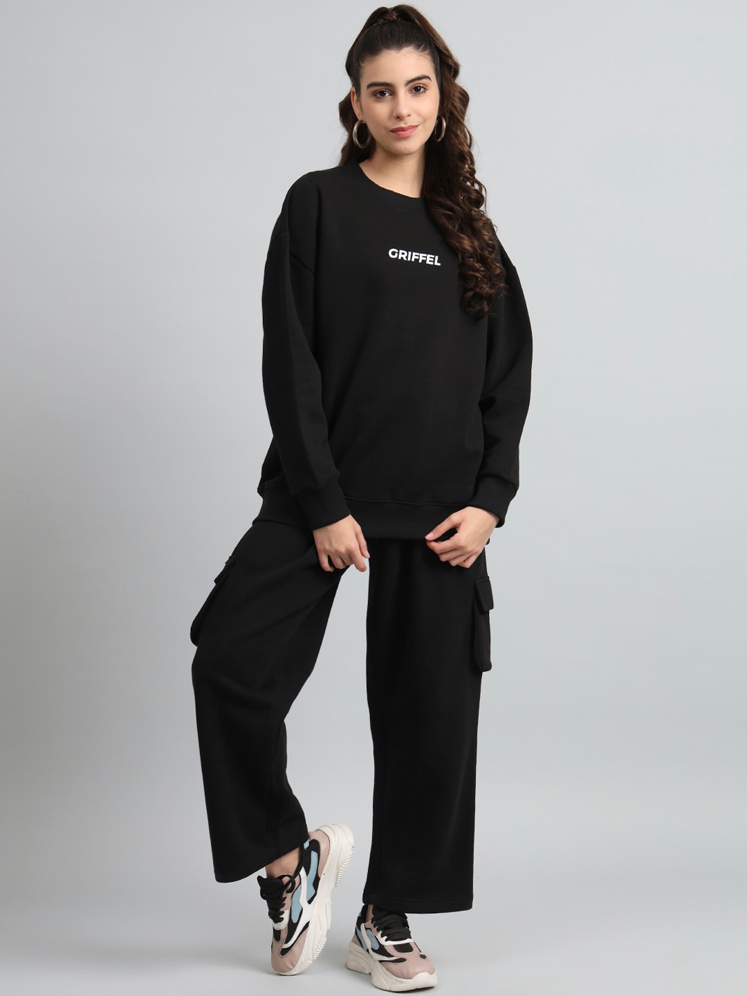 

GRIFFEL Typography Printed Round Neck Long Sleeve Fleece& Cotton Sweatshirt With Tracksuit, Black
