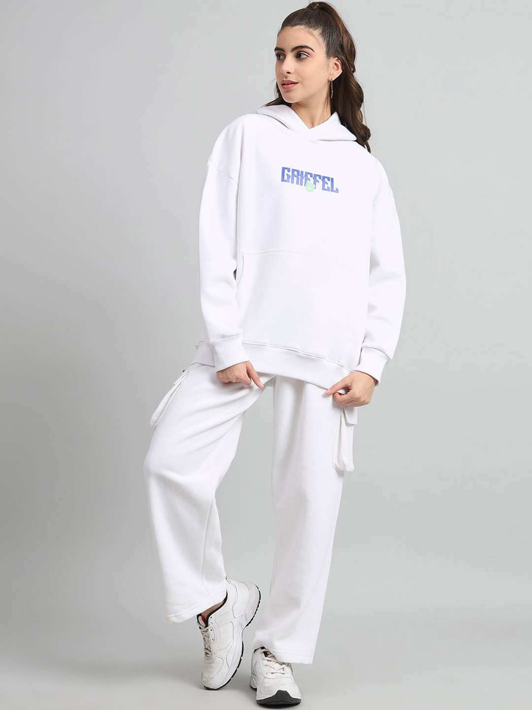 

GRIFFEL Brand Logo Printed Hooded Fleece Tracksuits, White