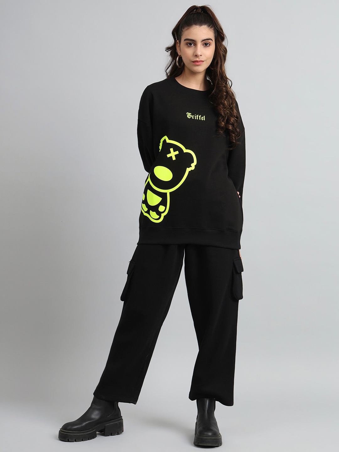 

GRIFFEL Graphic Printed Fleece Cotton Tracksuit, Black