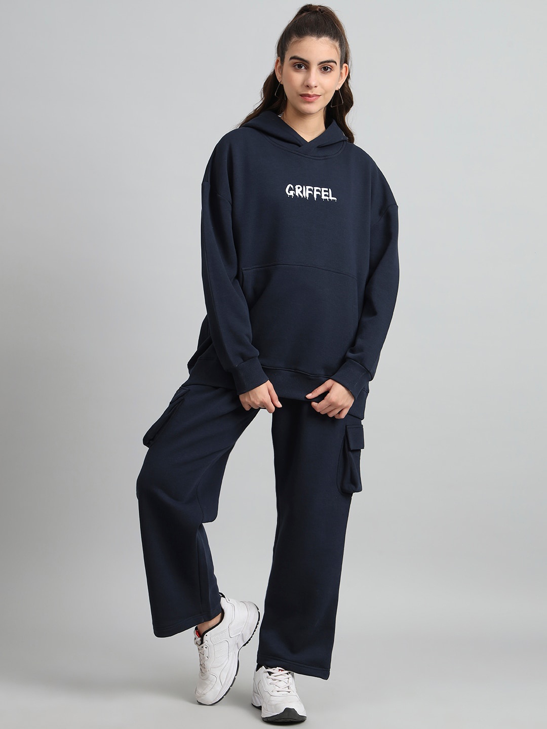 

GRIFFEL Typography Printed Hooded Fleece Cotton Tracksuit, Navy blue