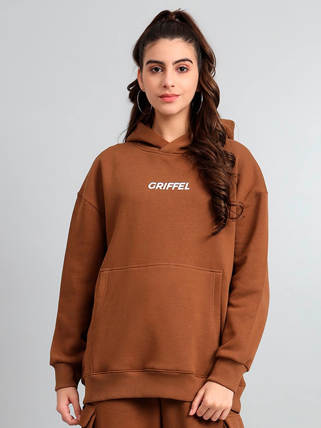 

GRIFFEL Typography Printed Hooded Fleece Pullover Sweatshirt, Brown