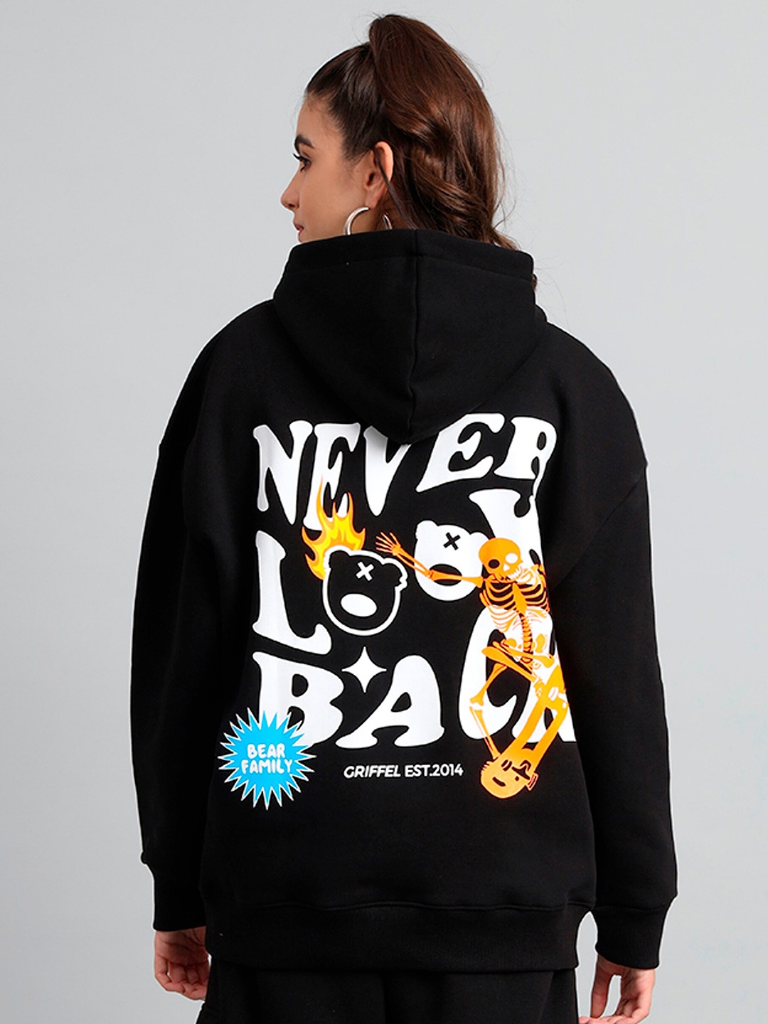 

GRIFFEL Graphic Printed Hooded Fleece Pullover Sweatshirt, Black