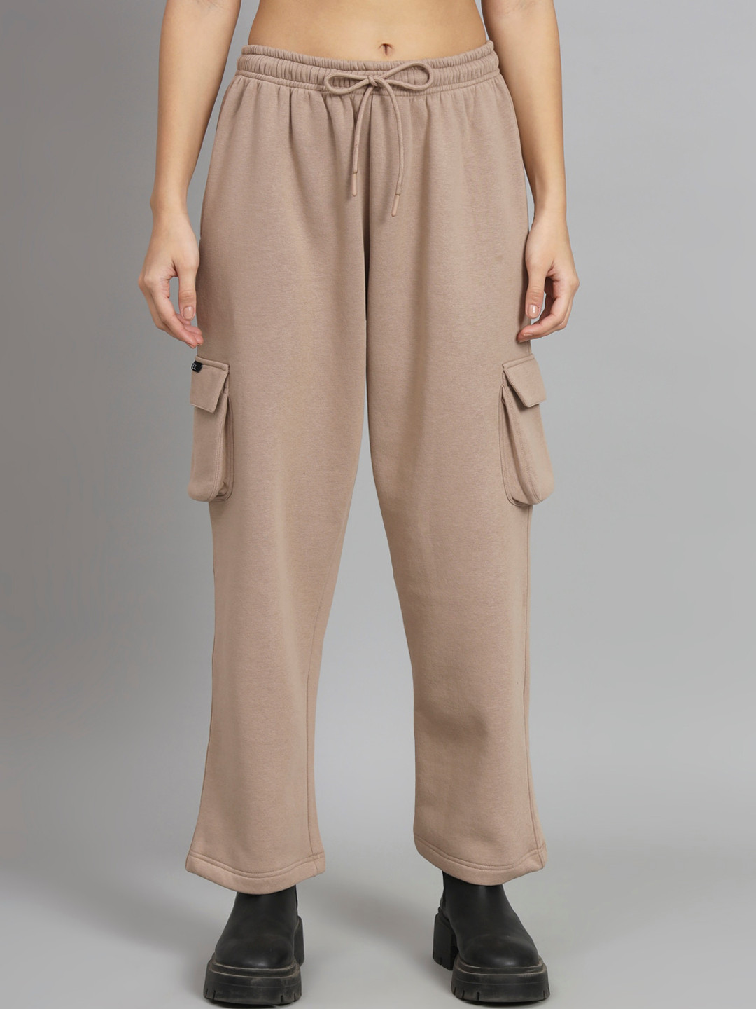 

GRIFFEL Women Mid Rise Fleece Cargos Trousers, Beige
