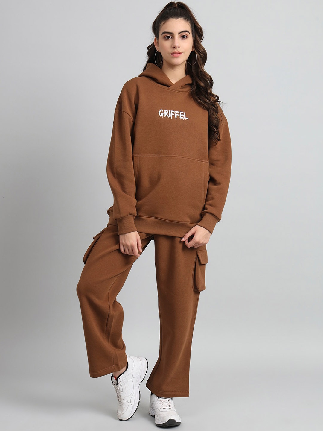 

GRIFFEL Typography Printed Hooded Cotton Fleece Tracksuit, Brown
