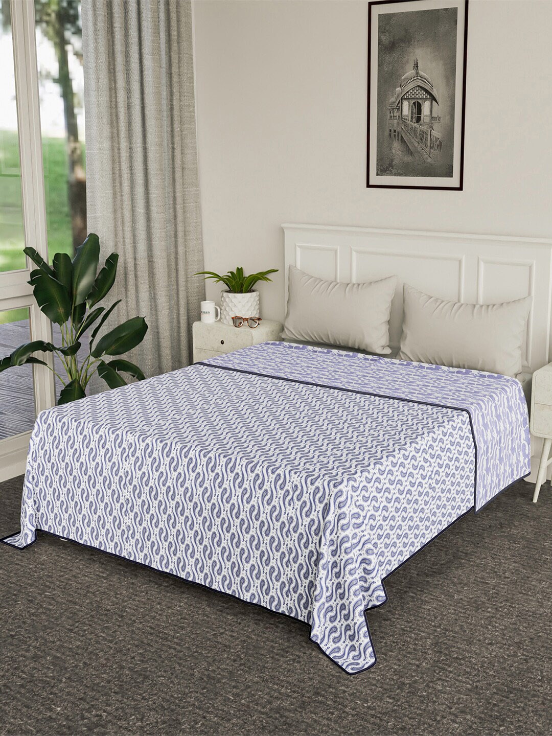 

Kuber Industries Blue & White AC Room Cotton 120 GSM Reversible Double Bed Blanket