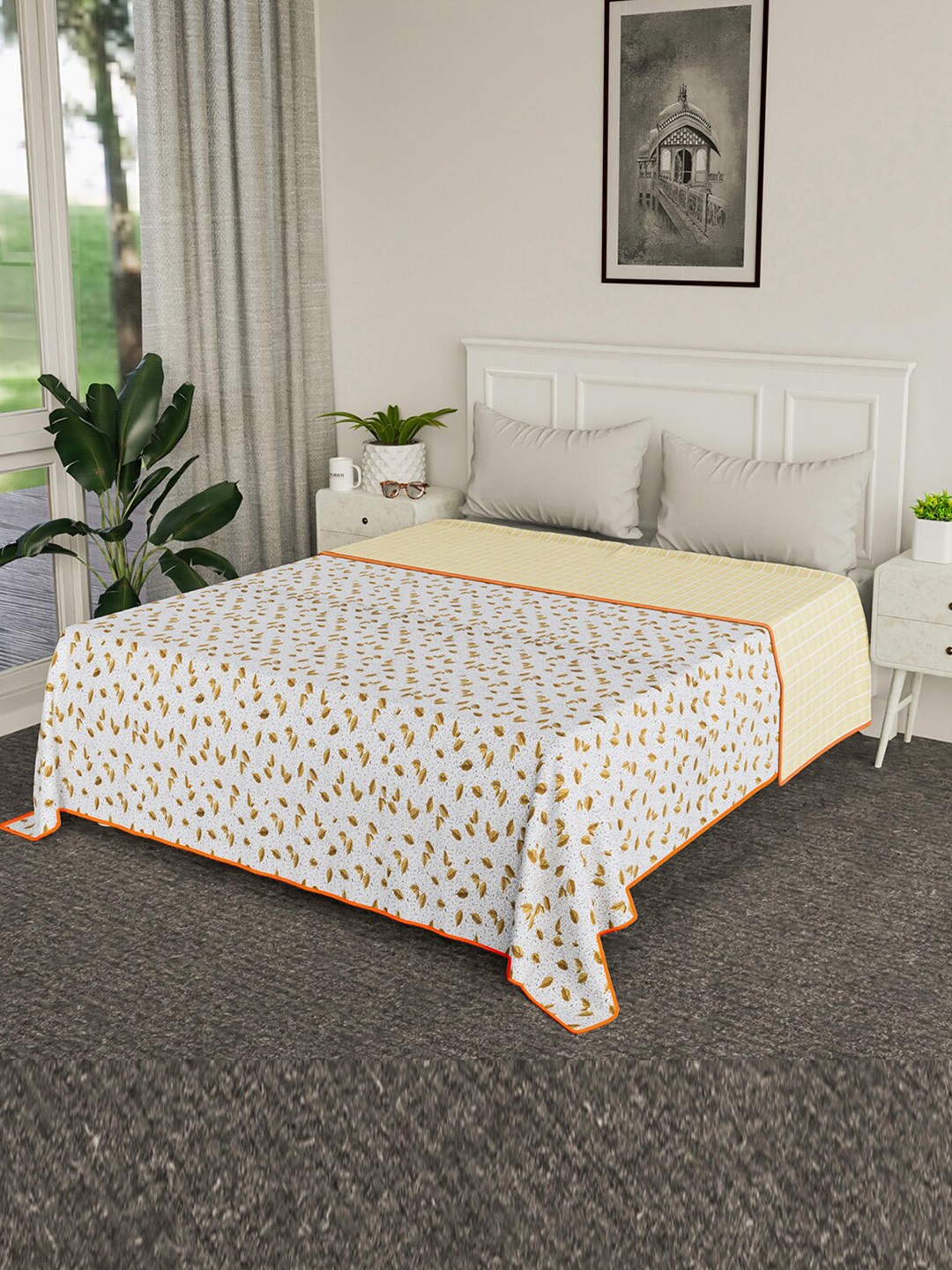 

Kuber Industries White & Brown Floral AC Room Cotton 120 GSM Reversible Double Bed Blanket