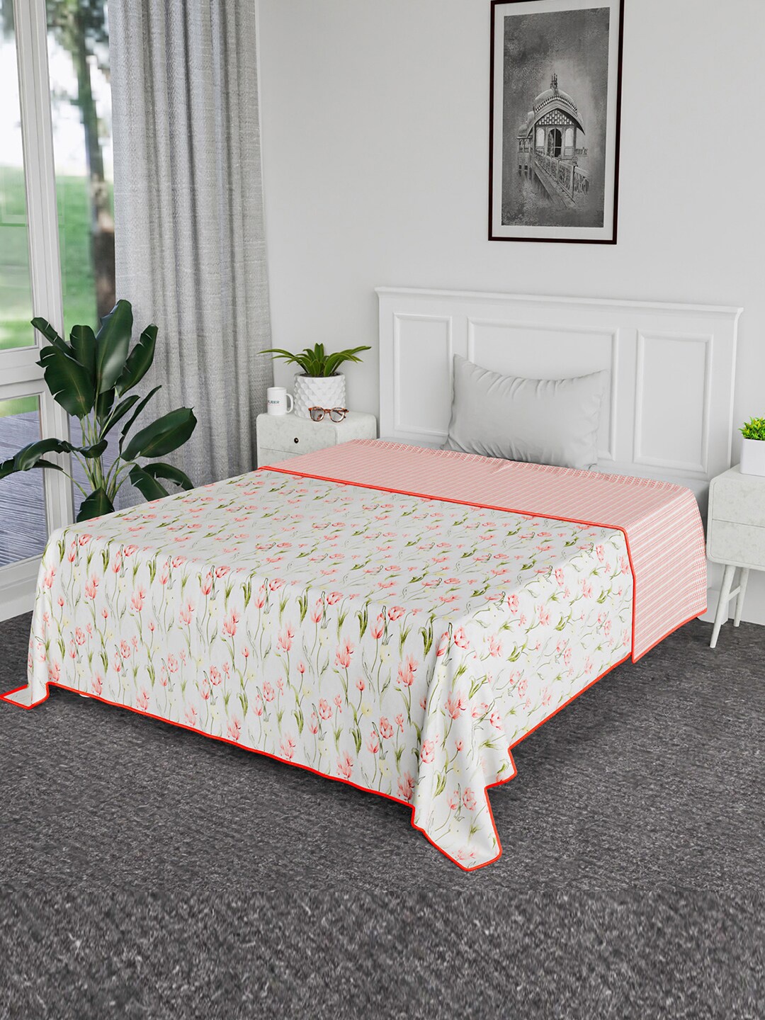 

Kuber Industries White & Pink Floral AC Room Cotton 120 GSM Reversible Double Bed Blanket