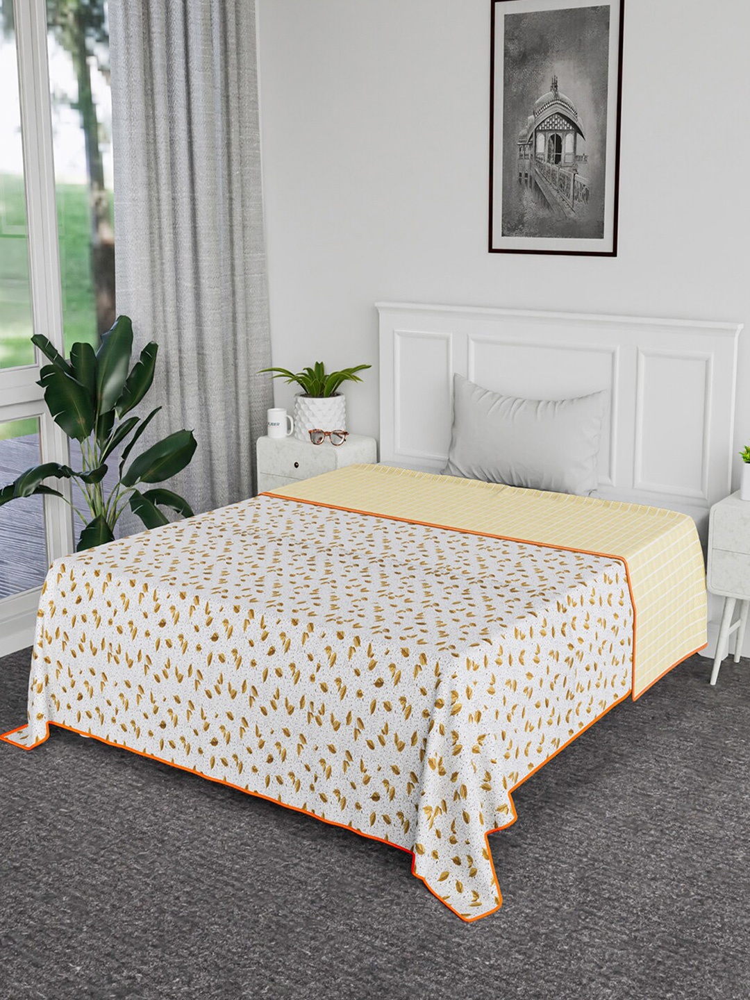 

Kuber Industries White & Brown Floral AC Room Cotton 120 GSM Reversible Double Bed Blanket