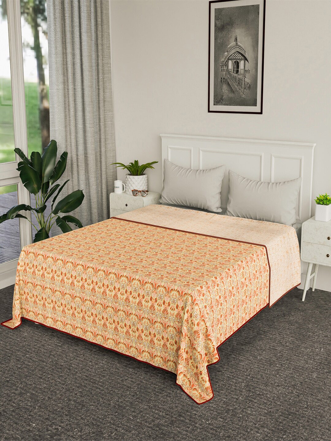 

Kuber Industries Beige & Orange AC Room Cotton 120 GSM Reversible Double Bed Blanket