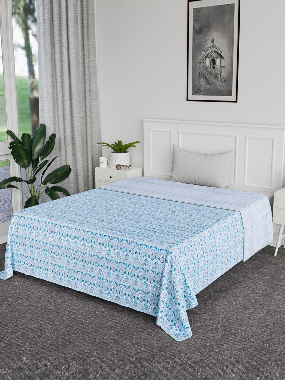 

Kuber Industries Blue & White AC Room Cotton 120 GSM Reversible Double Bed Blanket