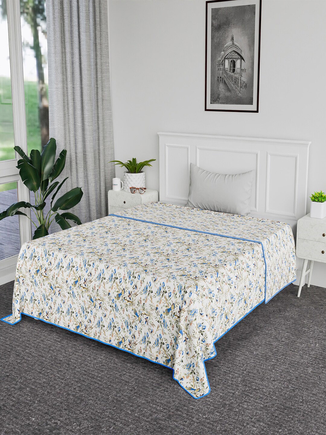 

Kuber Industries Grey & Blue Floral AC Room Cotton 120 GSM Reversible Double Bed Blanket, White