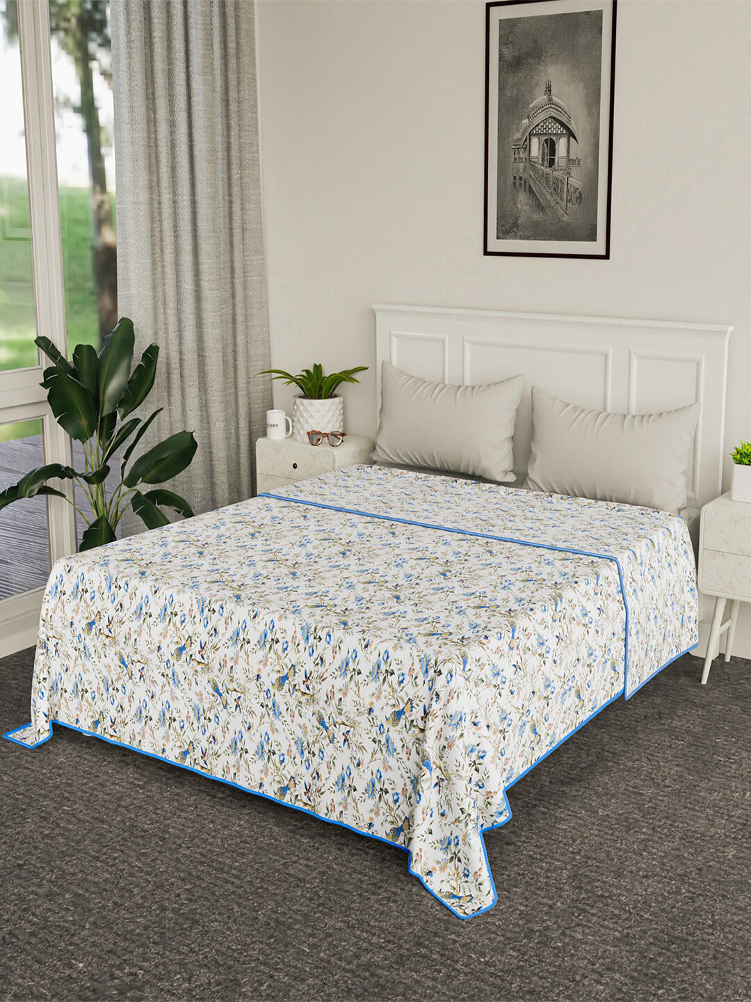 

Kuber Industries Grey & Blue Floral AC Room 120 GSM Double Bed Blanket