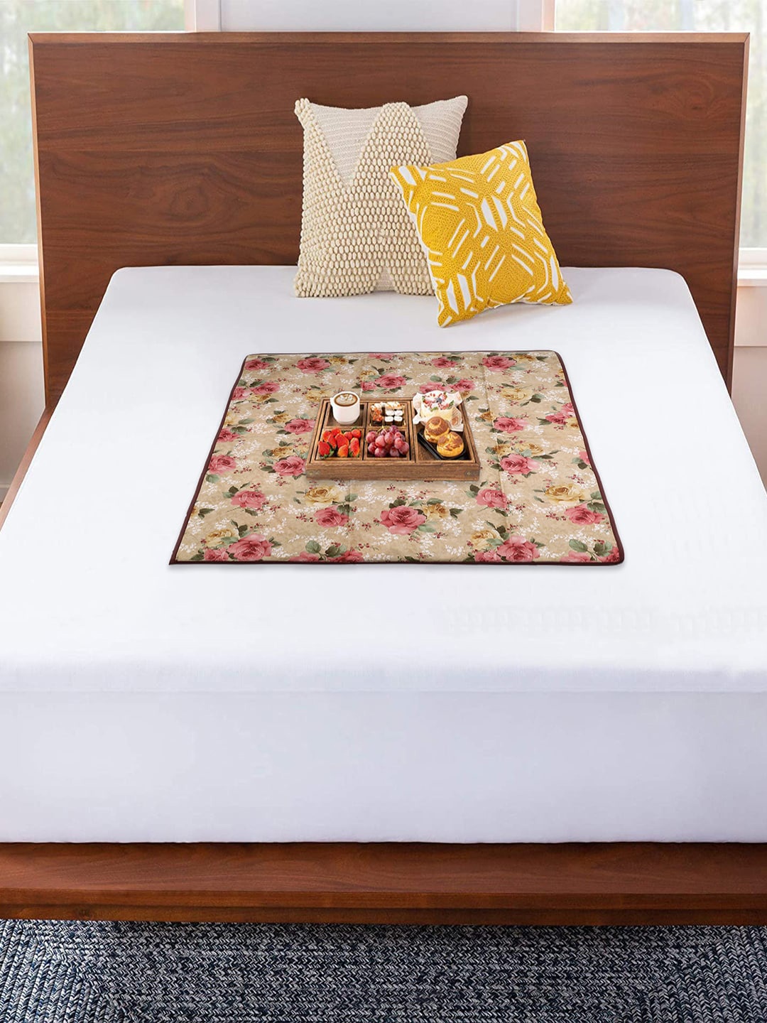 

Kuber Industries Beige & Brown Floral Reversible Waterproof Bed Server Mat