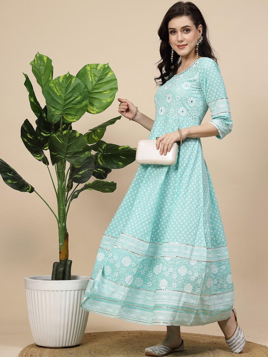 

Sangria Floral Printed Mirror Work Pure Cotton Anarkali Kurta, Green