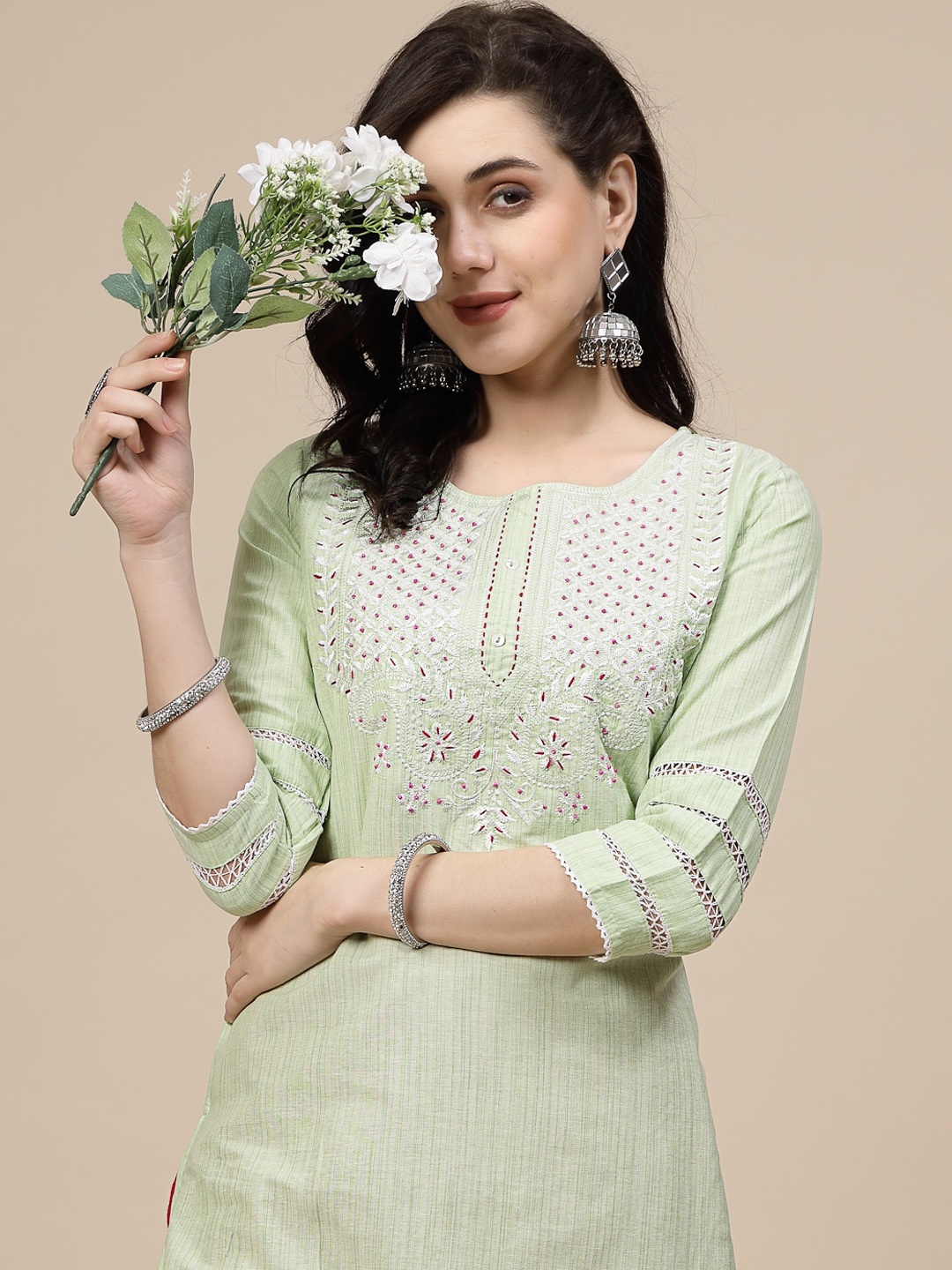

Sangria Floral Yoke Design Thread Work Pure Cotton Straight Kurtas, Green