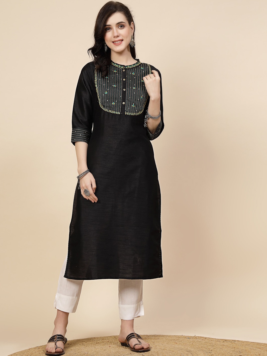 

Sangria Floral Yoke Design Embroidered Straight Kurtas, Black
